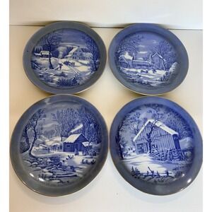 Currier and Ives 4 Plate Set - A Home in the Wilderness, Homestead In Winter